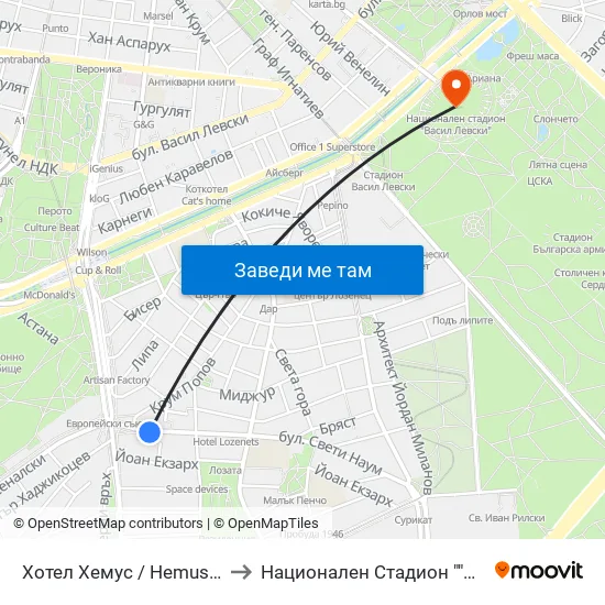 Ⓜ️ Хотел Хемус / Hemus Hotel (2329) to Национален Стадион ""Васил Левски"" map
