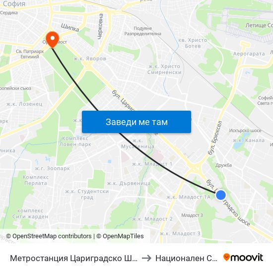 Метростанция Цариградско Шосе / Tsarigradsko Shosse Metro Station (1016) to Национален Стадион ""Васил Левски"" map