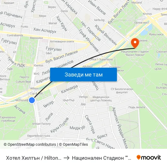 Хотел Хилтън / Hilton Hotel (0397) to Национален Стадион ""Васил Левски"" map