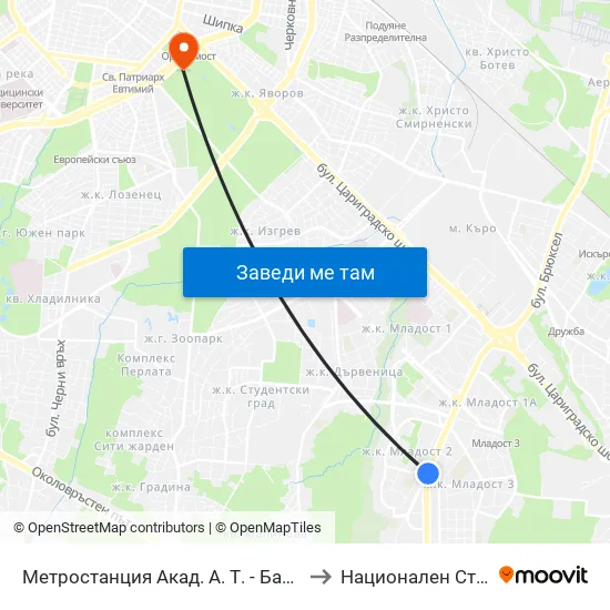 Ⓜ️ Метростанция Акад. Александър Теодоров - Балан / Akademik Aleksandar Teodorov - Balan Metro Station (1917) to Национален Стадион ""Васил Левски"" map