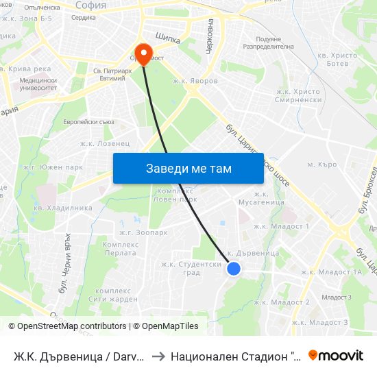 Ж.К. Дървеница / Darvenitsa Qr. (1012) to Национален Стадион ""Васил Левски"" map