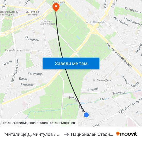 Читалище Д. Чинтулов / D. Chintulov Library (2365) to Национален Стадион ""Васил Левски"" map