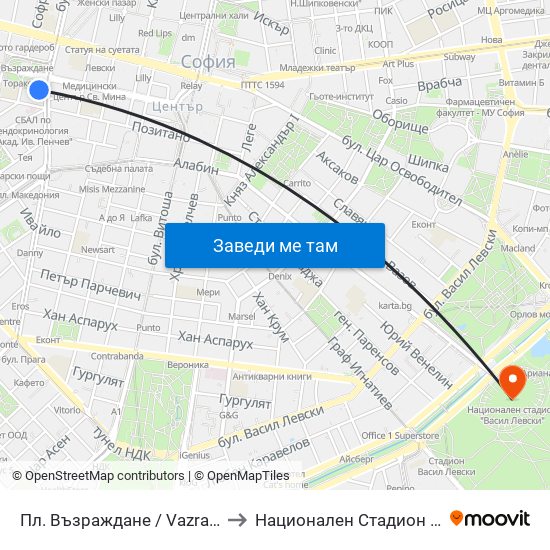 Пл. Възраждане / Vazrazhdane Sq. (1269) to Национален Стадион ""Васил Левски"" map