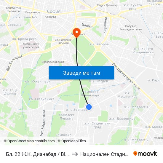 Бл. 22 Ж.К. Дианабад / Bl. 22, Dianabad Qr. (0124) to Национален Стадион ""Васил Левски"" map