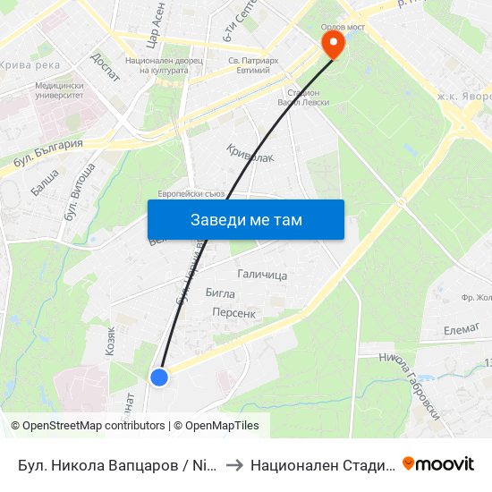 Бул. Никола Вапцаров / Nikola Vaptsarov Blvd. (0344) to Национален Стадион ""Васил Левски"" map