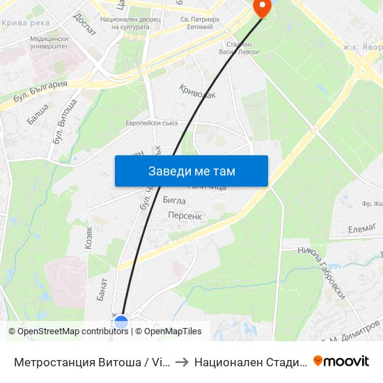 Метростанция Витоша / Vitosha Metro Station (0909) to Национален Стадион ""Васил Левски"" map