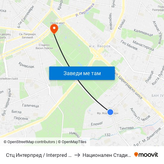 Стц Интерпред / Interpred World Trade Centre (1109) to Национален Стадион ""Васил Левски"" map