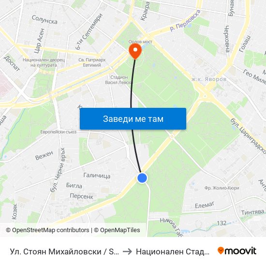 Ул. Стоян Михайловски / Stoyan Mihaylovski St. (2191) to Национален Стадион ""Васил Левски"" map