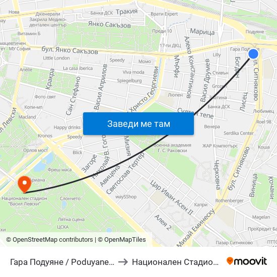 Гара Подуяне / Poduyane Train Station (0468) to Национален Стадион ""Васил Левски"" map