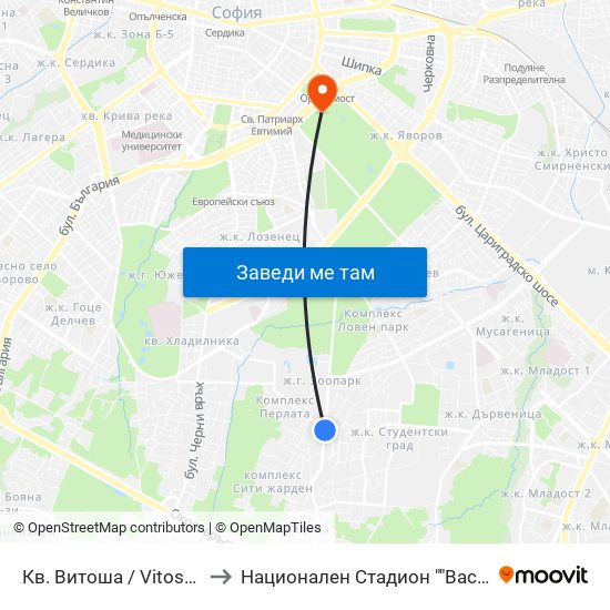 Кв. Витоша / Vitosha (0821) to Национален Стадион ""Васил Левски"" map