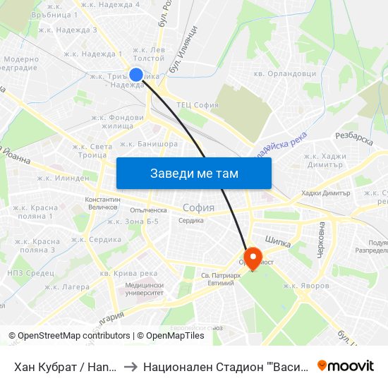 Хан Кубрат / Han Kubrat to Национален Стадион ""Васил Левски"" map