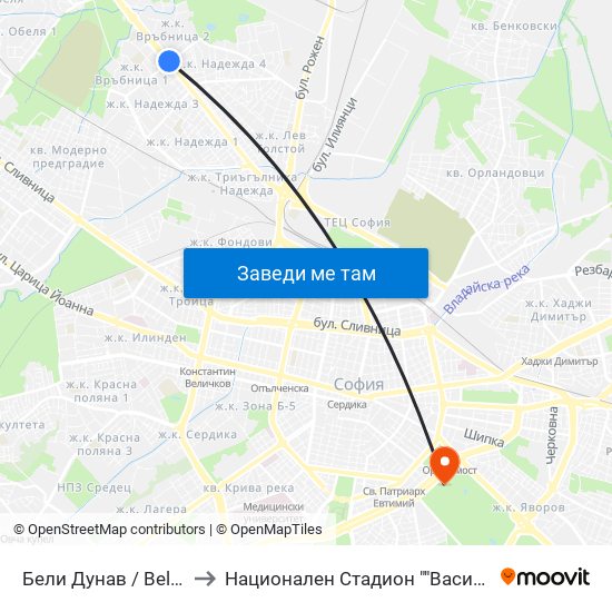 Бели Дунав / Beli Dunav to Национален Стадион ""Васил Левски"" map