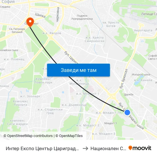 Интер Експо Център Цариградско Шосе / Inter Expo Center – Tsarigradsko Shose to Национален Стадион ""Васил Левски"" map