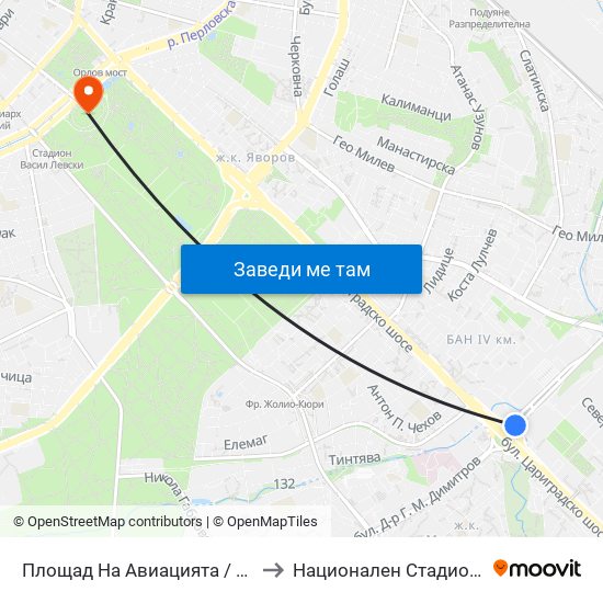Площад На Авиацията / Aviation Square (1258) to Национален Стадион ""Васил Левски"" map