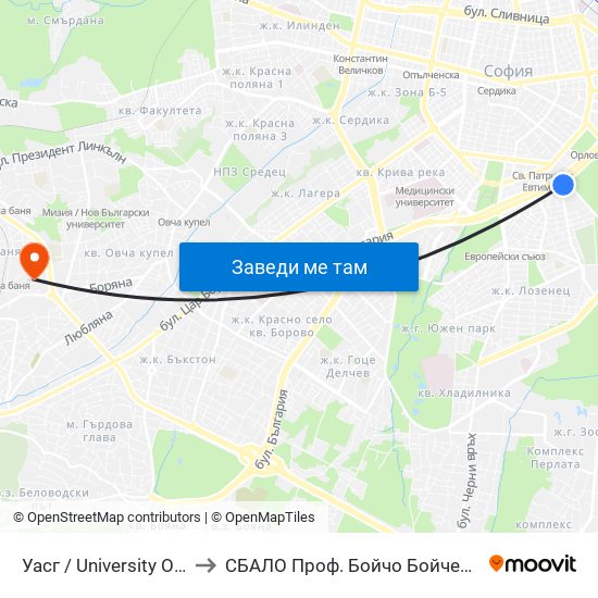Уасг / University Of Architecture (0386) to СБАЛО Проф. Бойчо Бойчев (SBALO Prof. Boycho Boychev) map