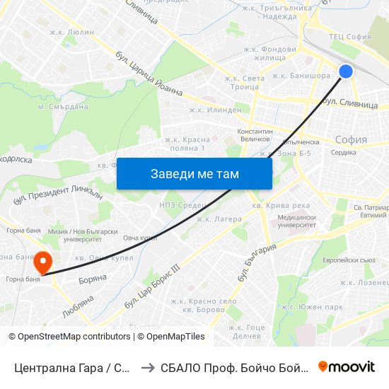 Централна Гара / Central Railway Station (1327) to СБАЛО Проф. Бойчо Бойчев (SBALO Prof. Boycho Boychev) map