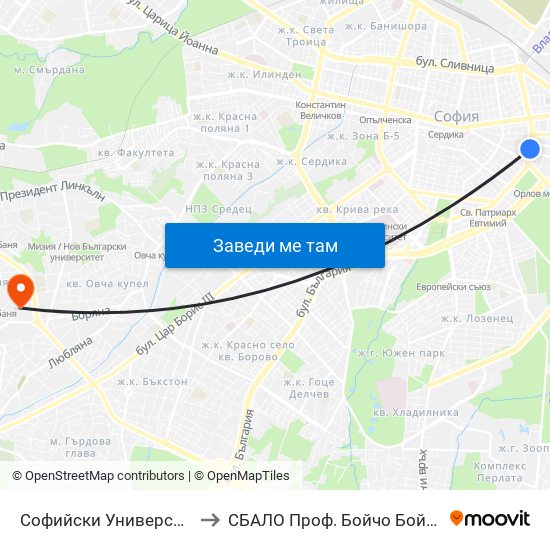 Софийски Университет / Sofia University (1699) to СБАЛО Проф. Бойчо Бойчев (SBALO Prof. Boycho Boychev) map