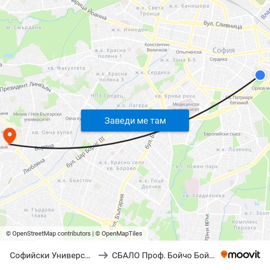 Софийски Университет / Sofia University (1700) to СБАЛО Проф. Бойчо Бойчев (SBALO Prof. Boycho Boychev) map