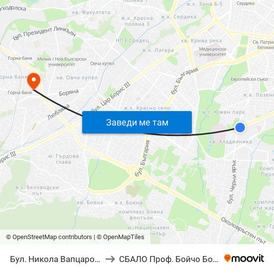 Бул. Никола Вапцаров / Nikola Vaptsarov Blvd. (0344) to СБАЛО Проф. Бойчо Бойчев (SBALO Prof. Boycho Boychev) map