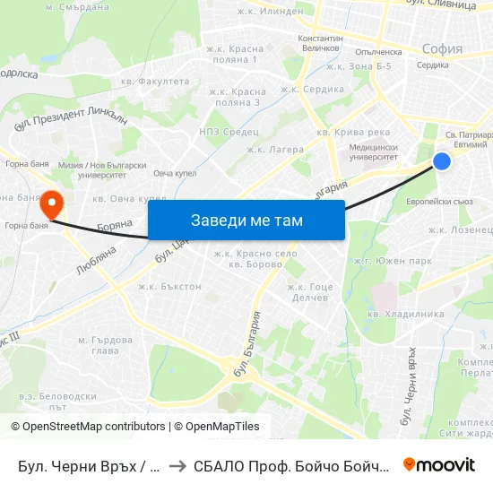 Бул. Черни Връх / Cherni Vrah Blvd. (0398) to СБАЛО Проф. Бойчо Бойчев (SBALO Prof. Boycho Boychev) map