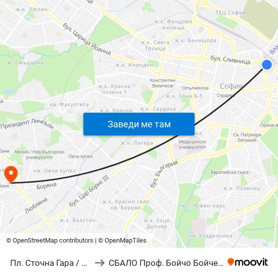 Пл. Сточна Гара / Stochna Gara Sq. (1316) to СБАЛО Проф. Бойчо Бойчев (SBALO Prof. Boycho Boychev) map