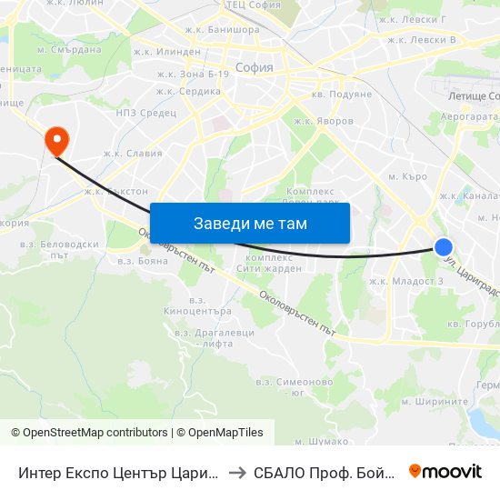 Интер Експо Център Цариградско Шосе / Inter Expo Center – Tsarigradsko Shose to СБАЛО Проф. Бойчо Бойчев (SBALO Prof. Boycho Boychev) map