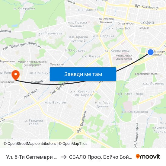 Ул. 6-Ти Септември / Shesti Septemvri St. (1806) to СБАЛО Проф. Бойчо Бойчев (SBALO Prof. Boycho Boychev) map