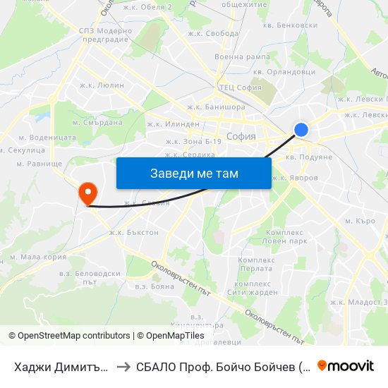 Хаджи Димитър / Hadzhi Dimitar to СБАЛО Проф. Бойчо Бойчев (SBALO Prof. Boycho Boychev) map