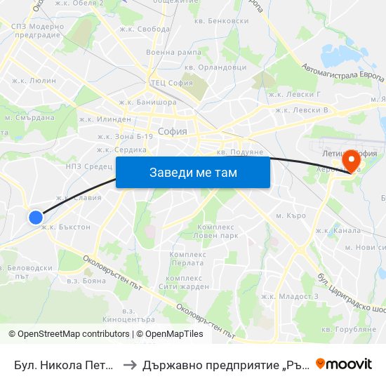 Бул. Никола Петков / Nikola Petkov Blvd. (0350) to Държавно предприятие „Ръководство на въздушното движение“ (ДП РВД) map