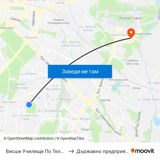 Висше Училище По Телекомуникации / University Of Telecommunications And Post (1396) to Държавно предприятие „Ръководство на въздушното движение“ (ДП РВД) map