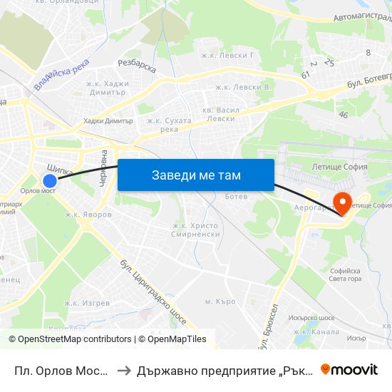 Пл. Орлов Мост / Eagles' Bridge Sq. (1290) to Държавно предприятие „Ръководство на въздушното движение“ (ДП РВД) map