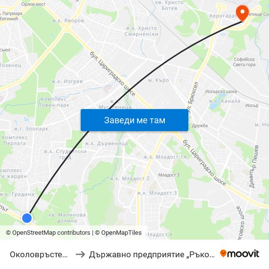 Околовръстен Път / Ring Road (1175) to Държавно предприятие „Ръководство на въздушното движение“ (ДП РВД) map