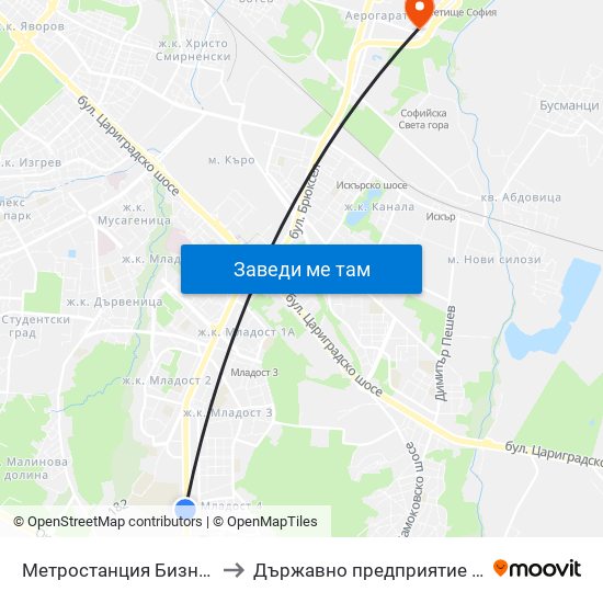 Метростанция Бизнес Парк / Business Park Metro Station (2490) to Държавно предприятие „Ръководство на въздушното движение“ (ДП РВД) map