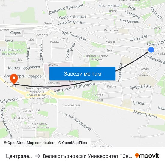 Централен Пазар to Великотърновски Университет ""Св. Св. Кирил И Методий"" map