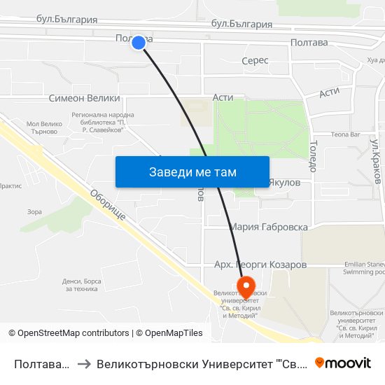 Полтава - Втора / Poltava - Second to Великотърновски Университет ""Св. Св. Кирил И Методий"" map