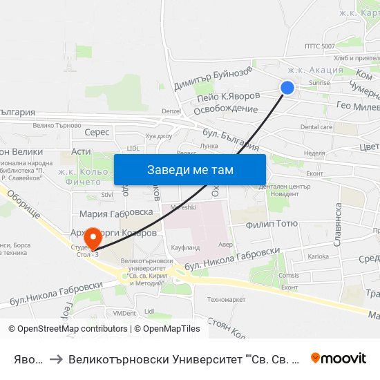 Яворов to Великотърновски Университет ""Св. Св. Кирил И Методий"" map