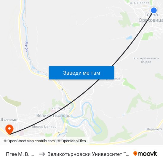 Пгее М. В. Ломоносов to Великотърновски Университет ""Св. Св. Кирил И Методий"" map