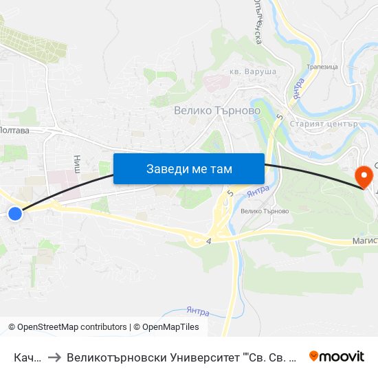 Качица to Великотърновски Университет ""Св. Св. Кирил И Методий"" map