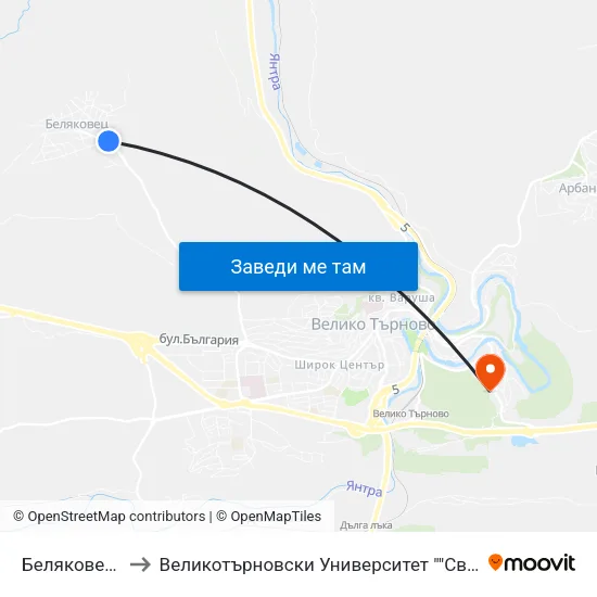 Беляковец - Втора to Великотърновски Университет ""Св. Св. Кирил И Методий"" map