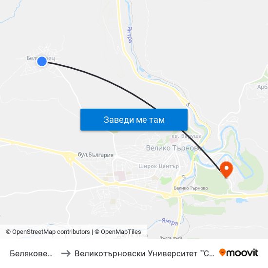 Беляковец - Център to Великотърновски Университет ""Св. Св. Кирил И Методий"" map