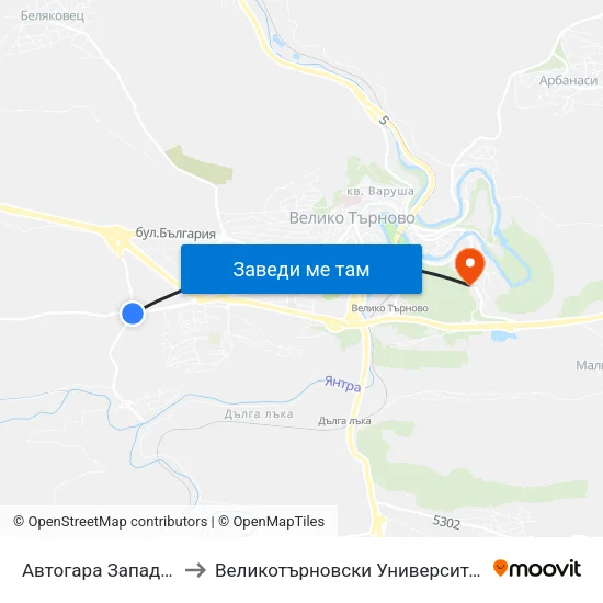 Автогара Запад / West Bus Station to Великотърновски Университет ""Св. Св. Кирил И Методий"" map