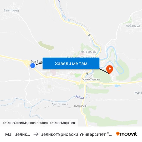 Мол Велико Търново / Mall Veliko Tarnovo to Великотърновски Университет ""Св. Св. Кирил И Методий"" map