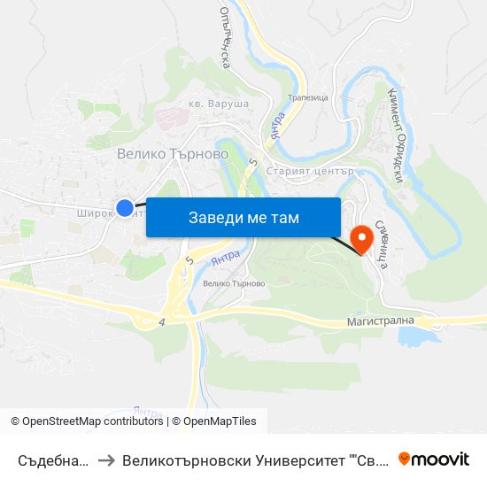 Съдебна Палата / Court Of Justice to Великотърновски Университет ""Св. Св. Кирил И Методий"" map