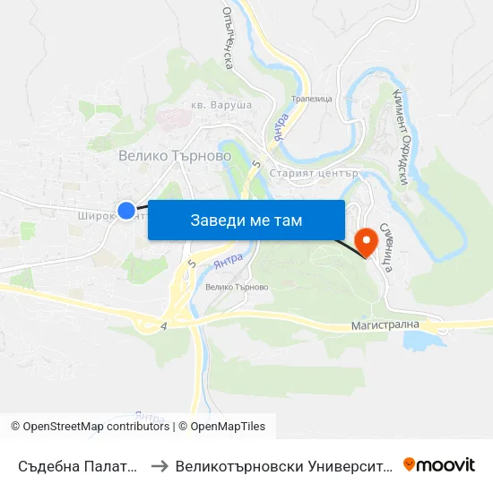 Съдебна Палата / Court Of Justice to Великотърновски Университет ""Св. Св. Кирил И Методий"" map