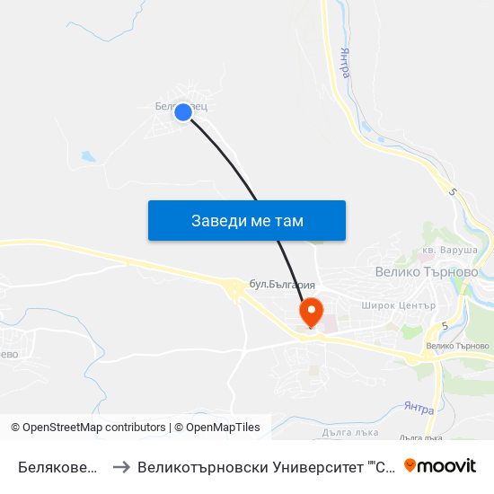 Беляковец - Център to Великотърновски Университет ""Св. Св. Кирил И Методий"" map