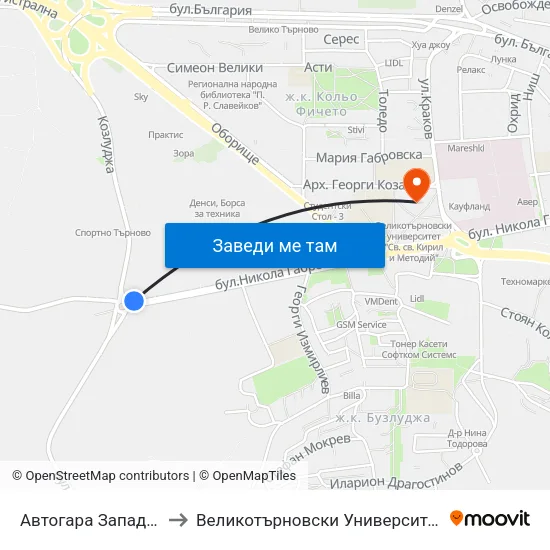 Автогара Запад / West Bus Station to Великотърновски Университет ""Св. Св. Кирил И Методий"" map