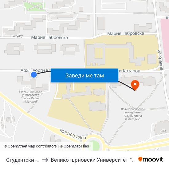 Студентски Общежития / Student Dormitories to Великотърновски Университет ""Св. Св. Кирил И Методий"" map