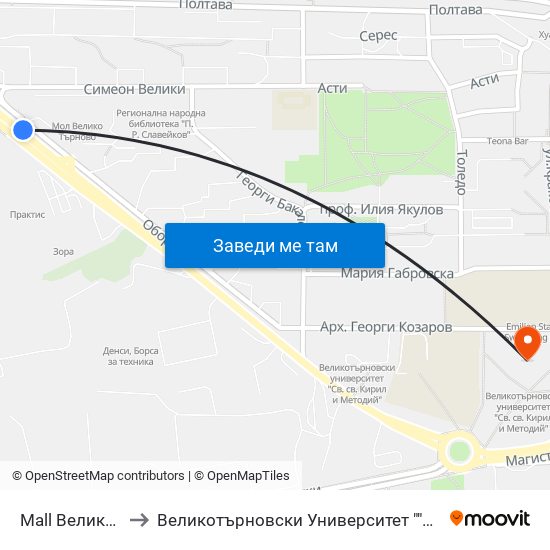 Mall Велико Търново to Великотърновски Университет ""Св. Св. Кирил И Методий"" map