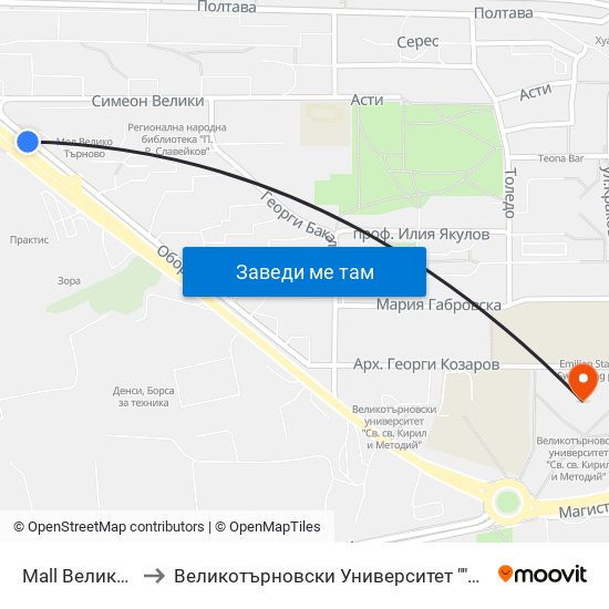 Mall Велико Търново to Великотърновски Университет ""Св. Св. Кирил И Методий"" map