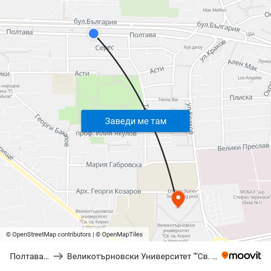 Полтава - Трета to Великотърновски Университет ""Св. Св. Кирил И Методий"" map